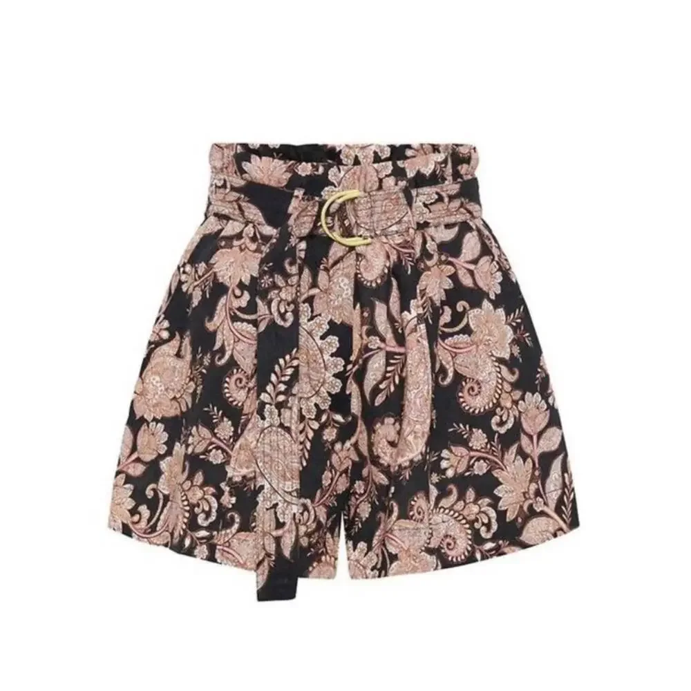 NWT Kivari Layla Black Paisley Linen High Waisted Paperbag Belted Shorts